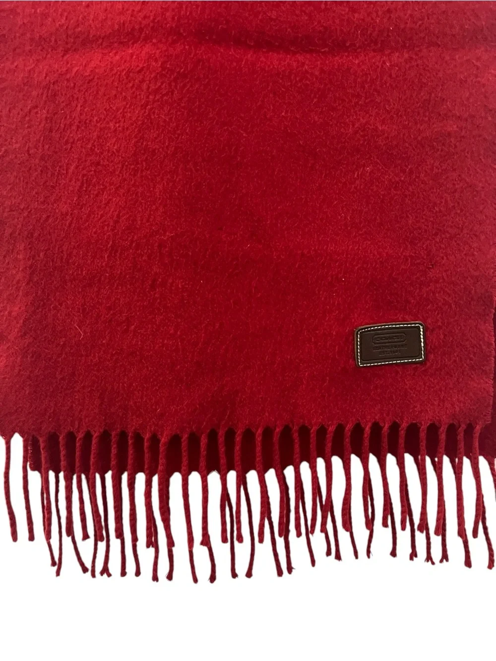 COACH luxurious deep red 100% cashmere scarf w/ fringe & leather logo tag